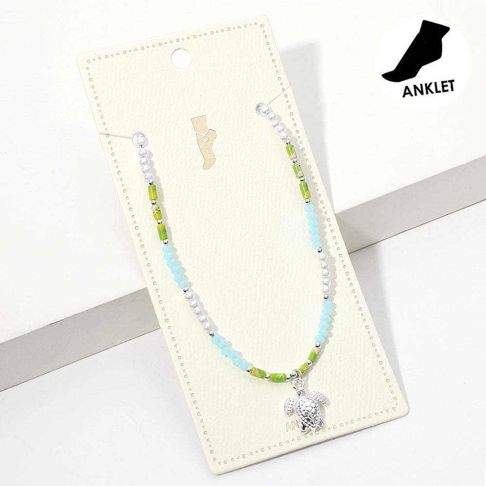 Metal Sea Turtle Charm Pearl Faceted Beaded Anklet - Madeline Love - Flyclothing LLC