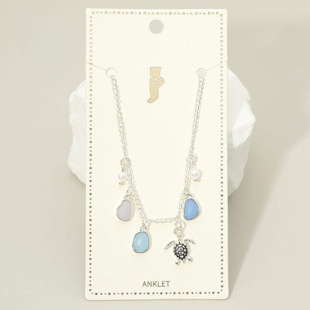 Sea Turtle Sea Glass Pearl Charm Station Anklet - Madeline Love - Flyclothing LLC