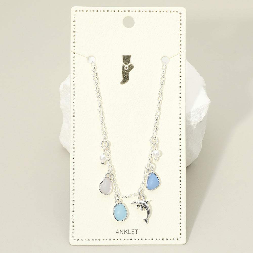 Dolphin Sea Glass Pearl Charm Station Anklet - Madeline Love - Flyclothing LLC