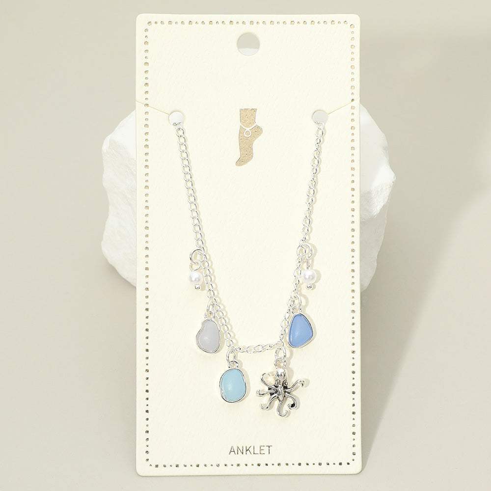 Octopus Sea Glass Pearl Charm Station Anklet - Madeline Love - Flyclothing LLC