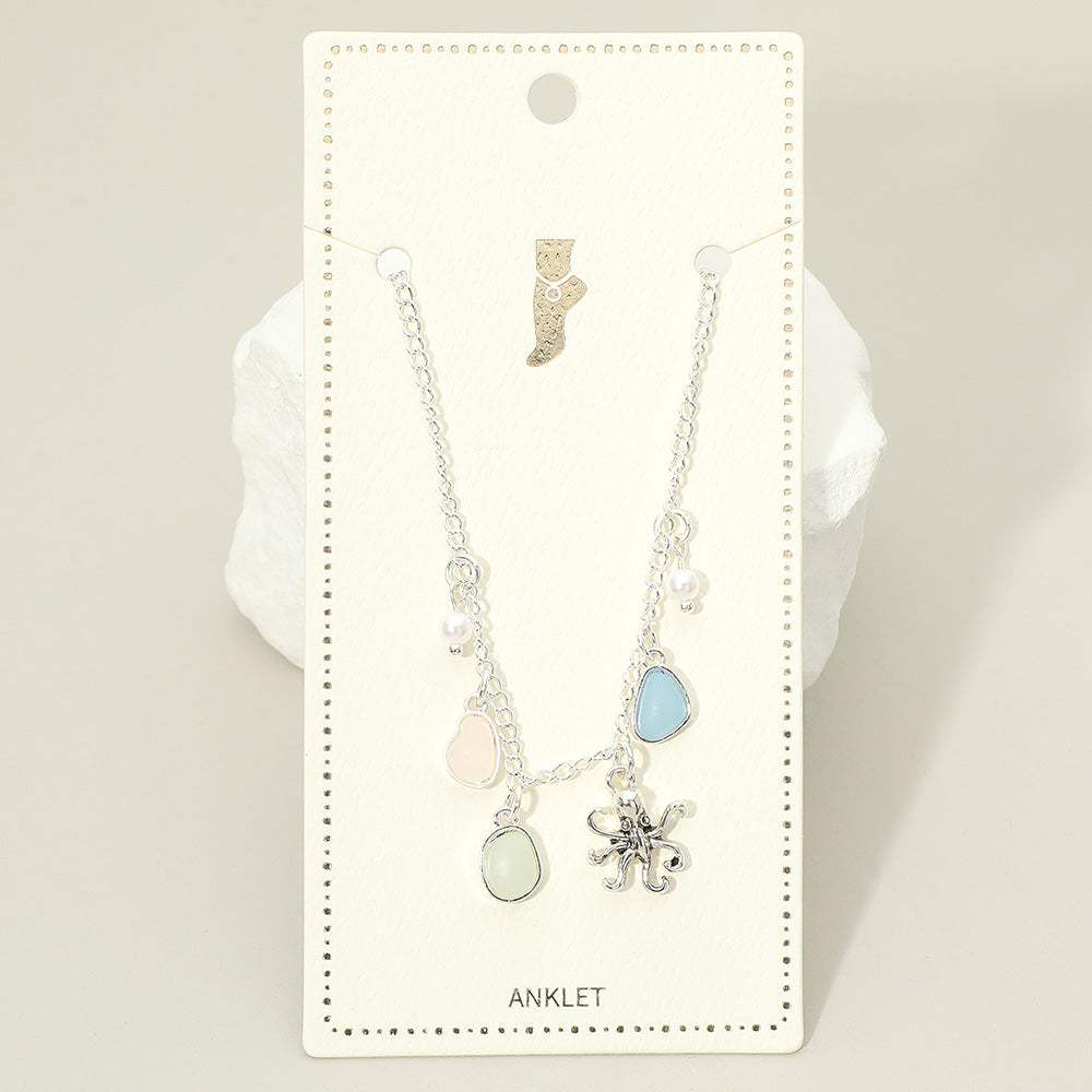 Octopus Sea Glass Pearl Charm Station Anklet - Madeline Love - Flyclothing LLC
