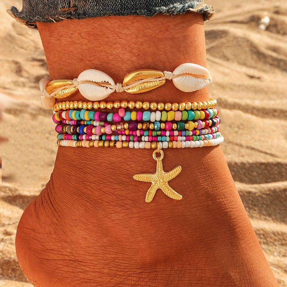 6PCS - Starfish Charm Accented Conch Shell Seed Beaded Multi Layered Anklets - Madeline Love - Flyclothing LLC
