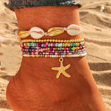 6PCS - Starfish Charm Accented Conch Shell Seed Beaded Multi Layered Anklets - Madeline Love - Flyclothing LLC