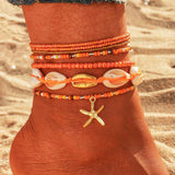 6PCS - Starfish Charm Accented Conch Shell Seed Beaded Multi Layered Anklets - Madeline Love - Flyclothing LLC