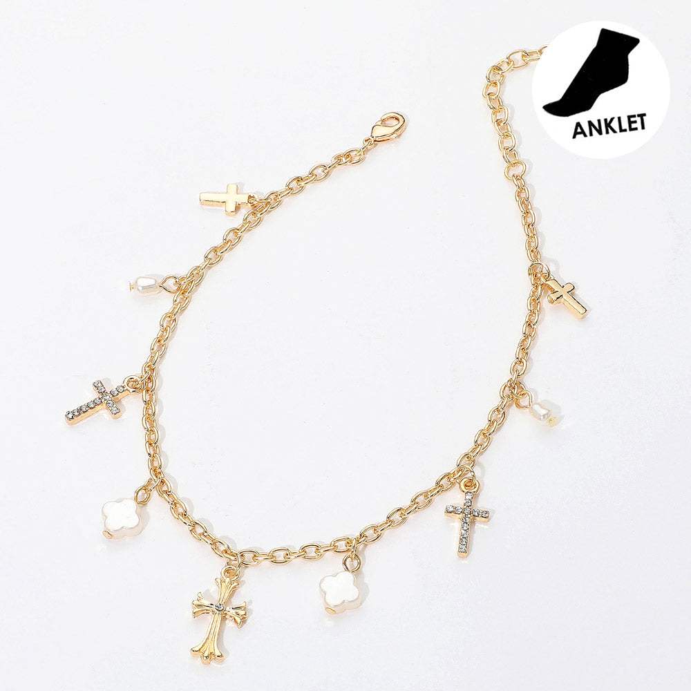 Cross Pearl Quatrefoil Charm Station Anklet - Madeline Love - Flyclothing LLC