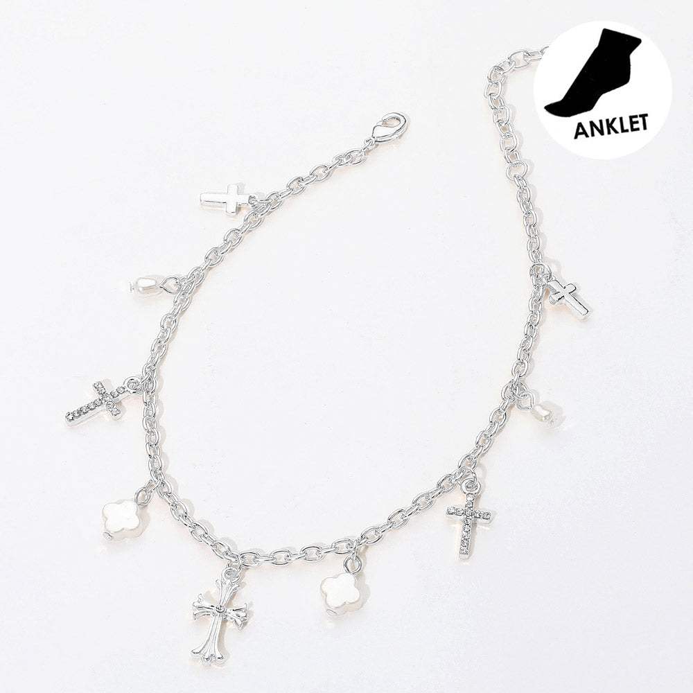 Cross Pearl Quatrefoil Charm Station Anklet - Madeline Love - Flyclothing LLC
