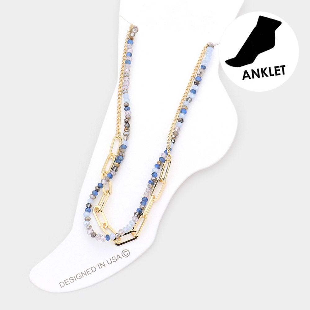 Faceted Beaded Open Metal Oval Link Double Layered Anklet - Madeline Love - Flyclothing LLC