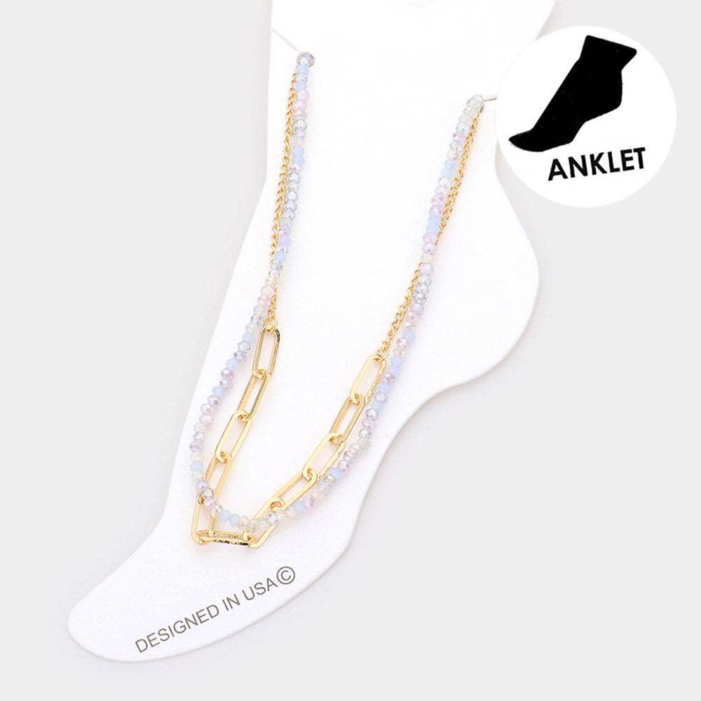 Faceted Beaded Open Metal Oval Link Double Layered Anklet - Madeline Love - Flyclothing LLC