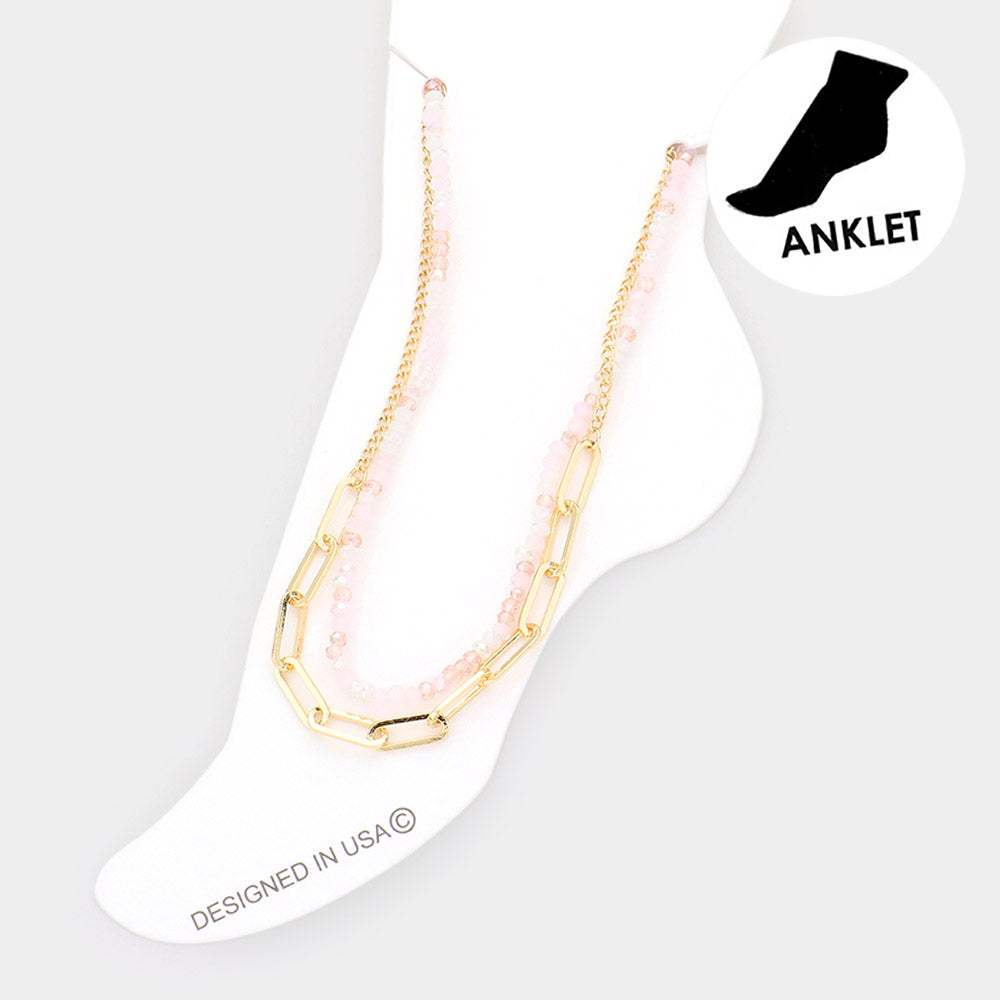 Faceted Beaded Open Metal Oval Link Double Layered Anklet - Madeline Love - Flyclothing LLC