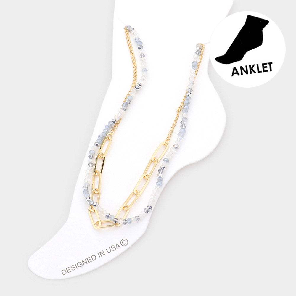 Faceted Beaded Open Metal Oval Link Double Layered Anklet - Madeline Love - Flyclothing LLC