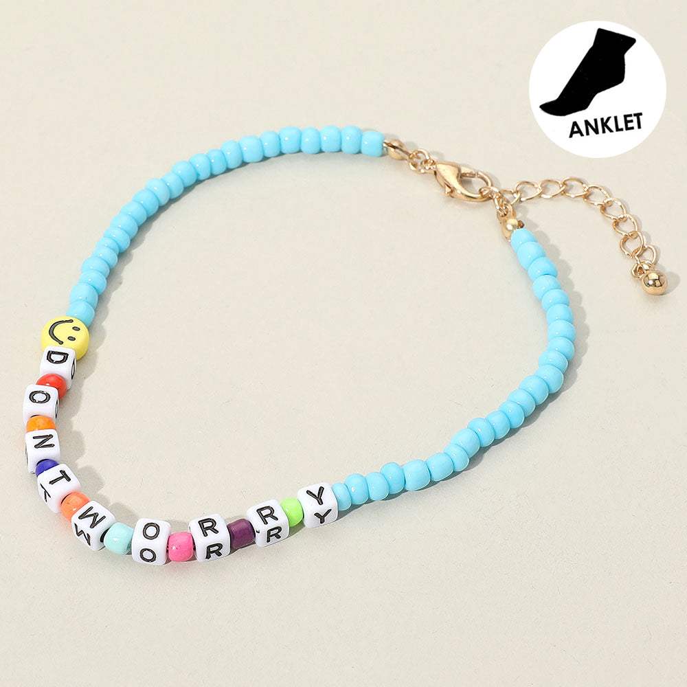 Smile DONT WORRY Message Charm Beaded Anklet - Madeline Love - Flyclothing LLC