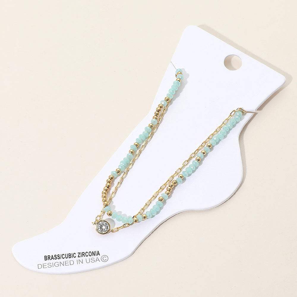 CZ Stone Bezel Accent Paperclip Chain Faceted Beaded Layered Anklet - Madeline Love - Flyclothing LLC