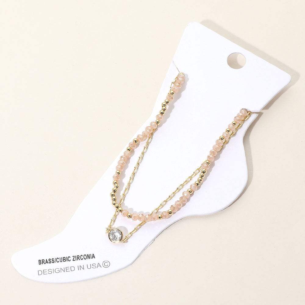 CZ Stone Bezel Accent Paperclip Chain Faceted Beaded Layered Anklet - Madeline Love - Flyclothing LLC