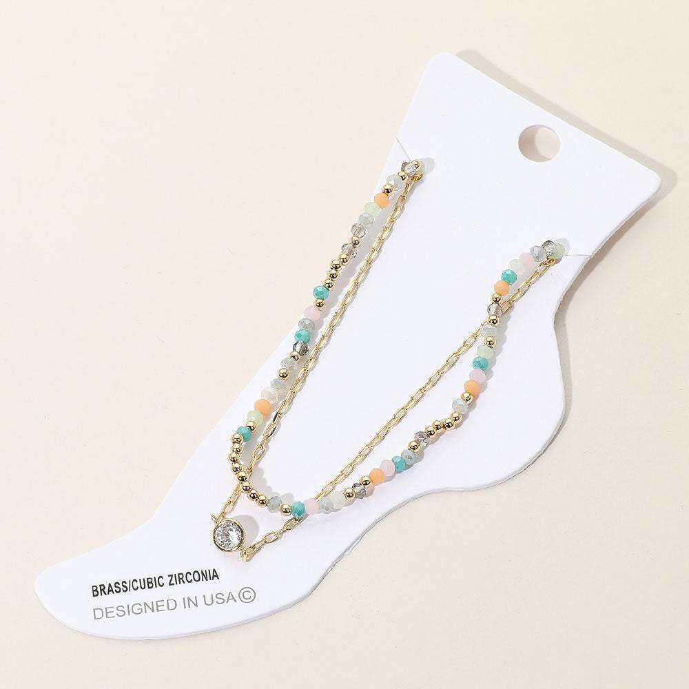 CZ Stone Bezel Accent Paperclip Chain Faceted Beaded Layered Anklet - Madeline Love - Flyclothing LLC