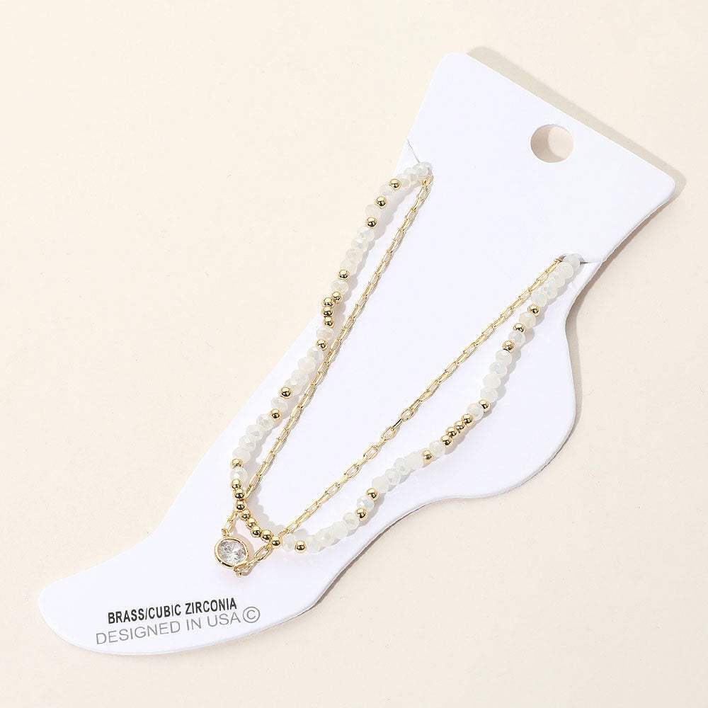 CZ Stone Bezel Accent Paperclip Chain Faceted Beaded Layered Anklet - Madeline Love - Flyclothing LLC
