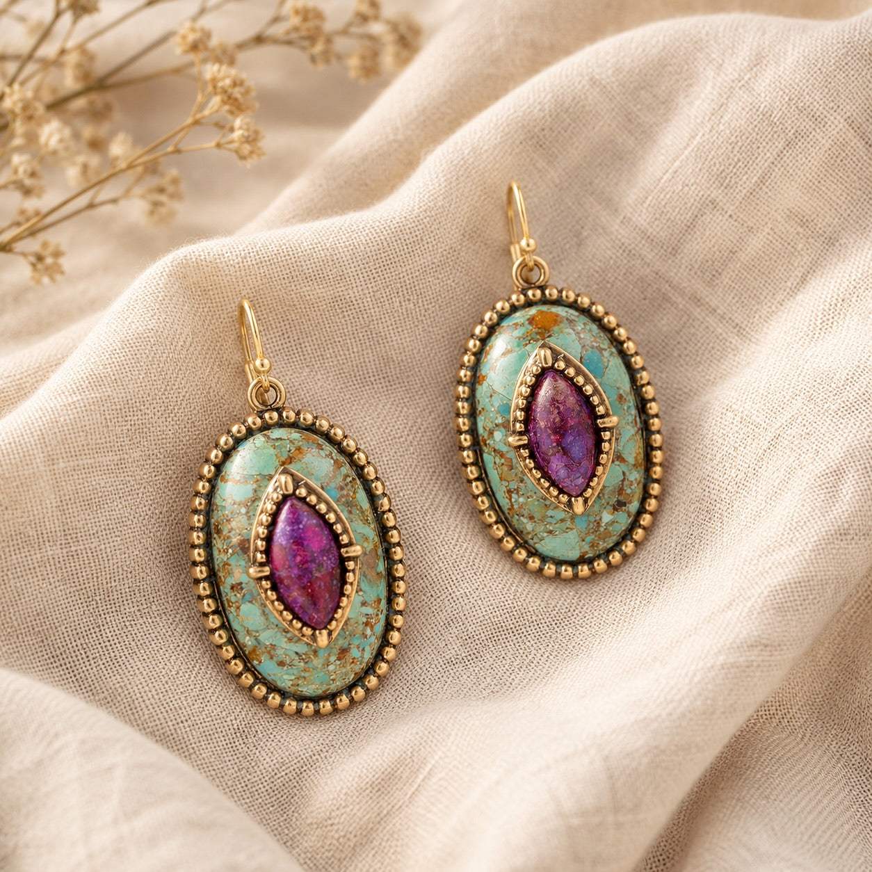 Stacked Stone Blue and Purple Turquoise Golden Drop Earrings - Barse Jewelry - Flyclothing LLC