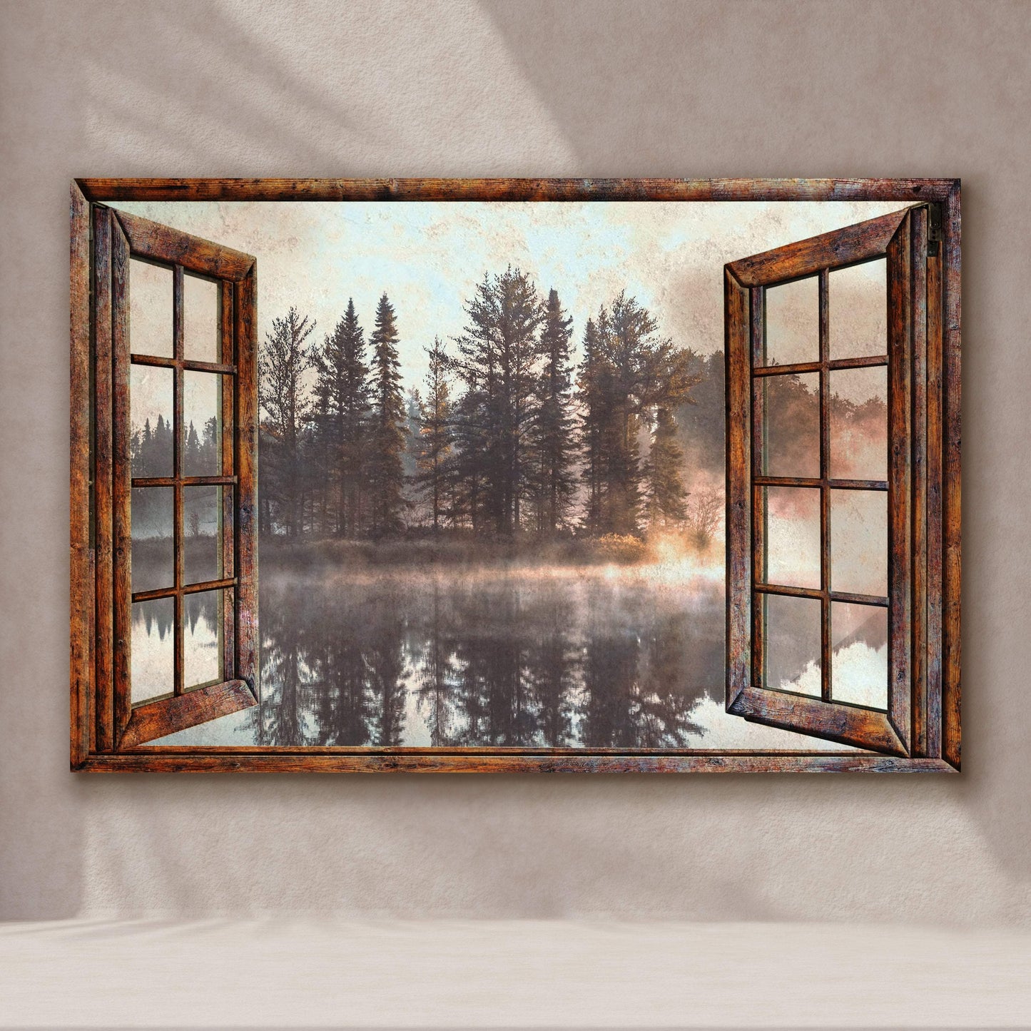 Foggy Autumn Lake View By The Window Canvas Wall Art - Tailored Canvases - Flyclothing LLC