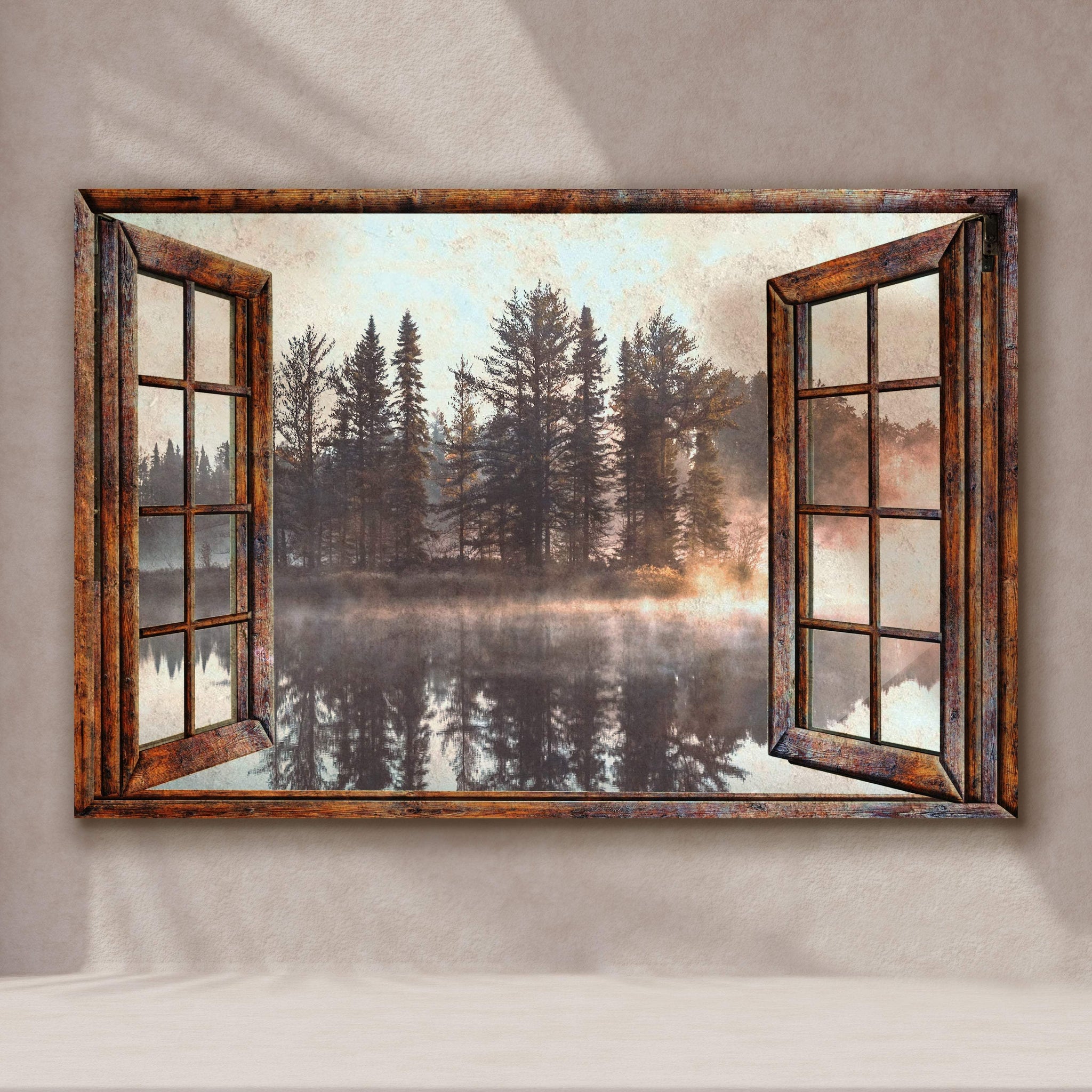 Foggy Autumn Lake View By The Window Canvas Wall Art - Tailored Canvases - Flyclothing LLC