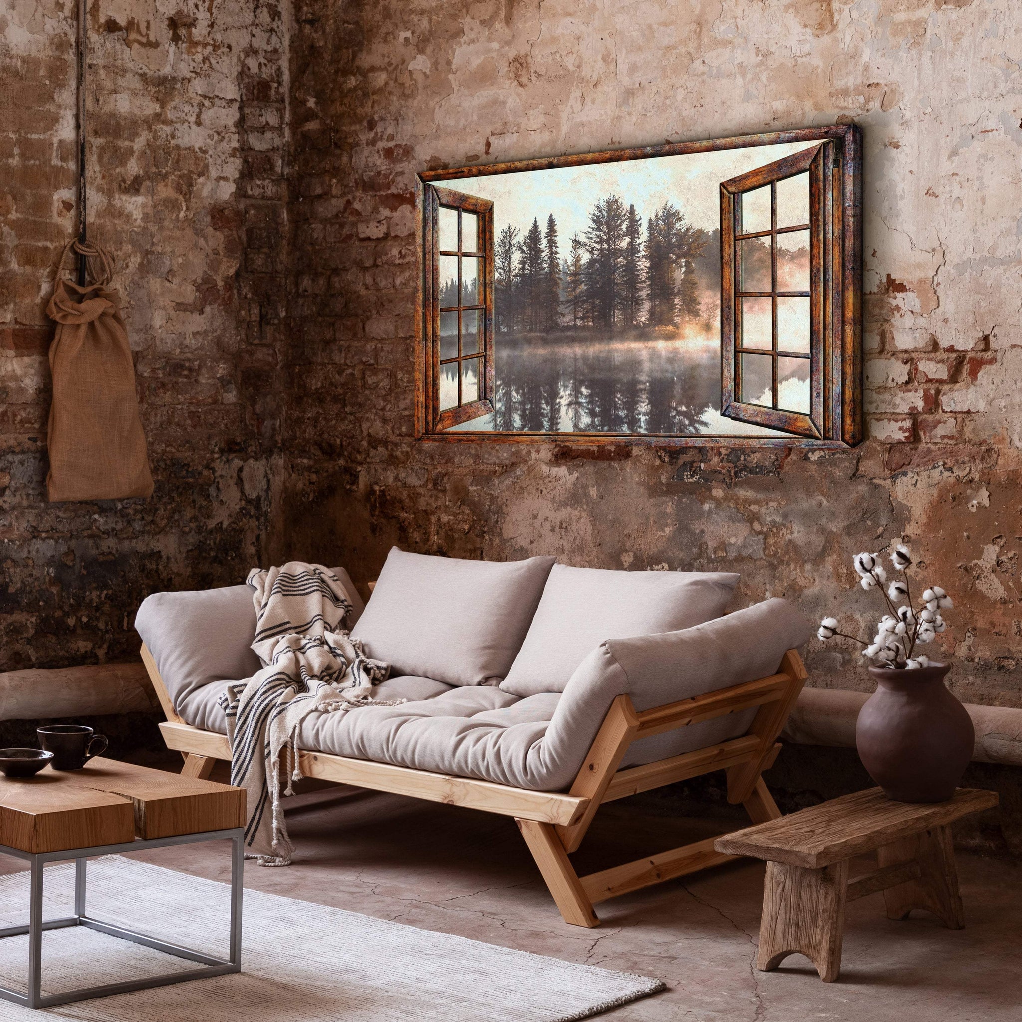 Foggy Autumn Lake View By The Window Canvas Wall Art - Tailored Canvases - Flyclothing LLC