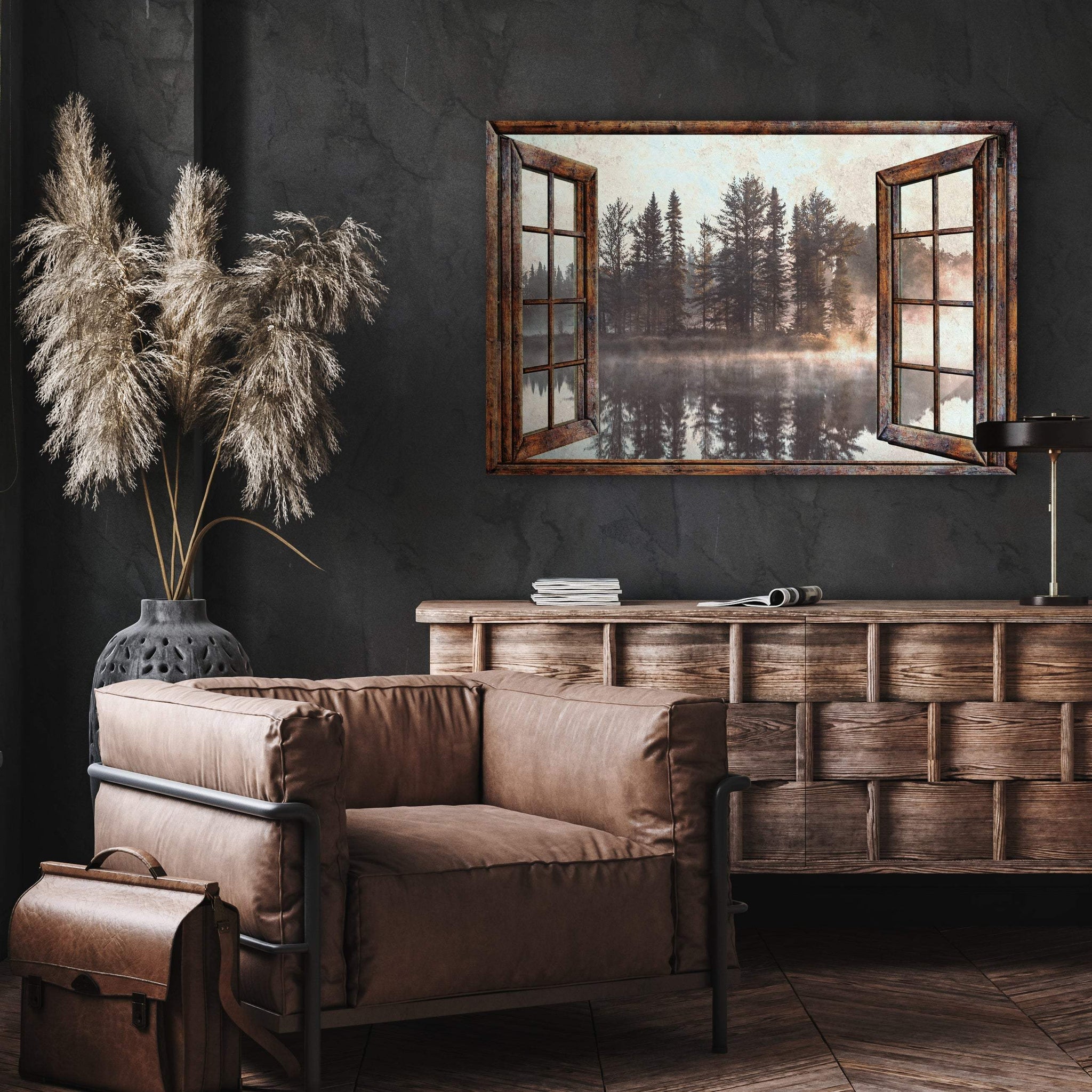 Foggy Autumn Lake View By The Window Canvas Wall Art - Tailored Canvases - Flyclothing LLC