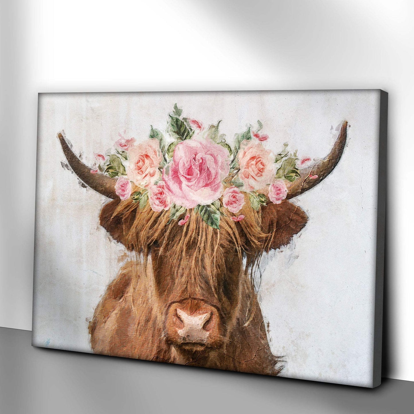 Highland Cow Floral Wreath Painting Canvas Wall Art - Tailored Canvases - Flyclothing LLC