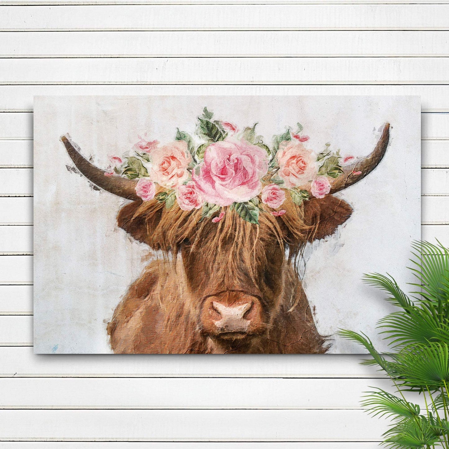 Highland Cow Floral Wreath Painting Canvas Wall Art - Tailored Canvases - Flyclothing LLC