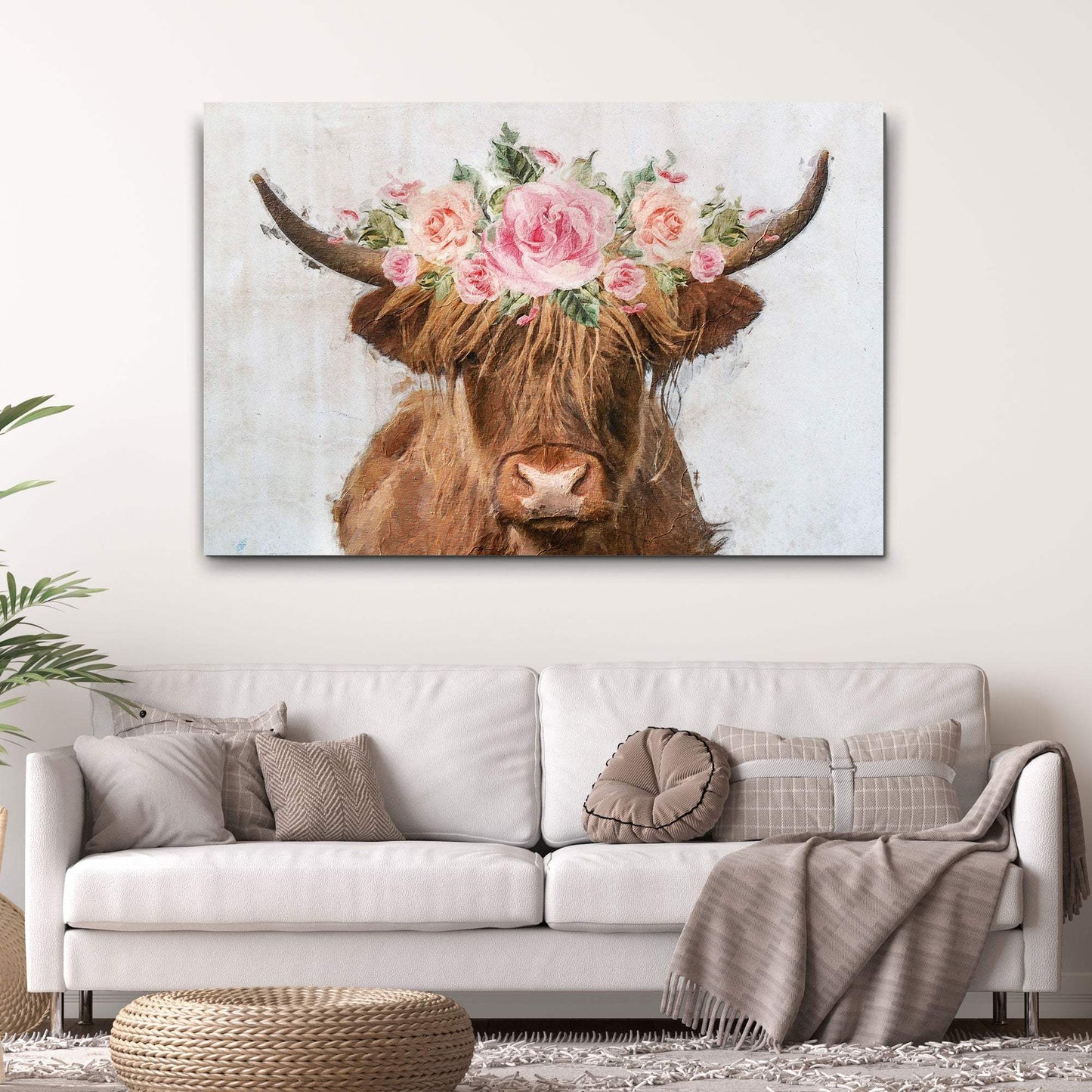Highland Cow Floral Wreath Painting Canvas Wall Art - Tailored Canvases - Flyclothing LLC
