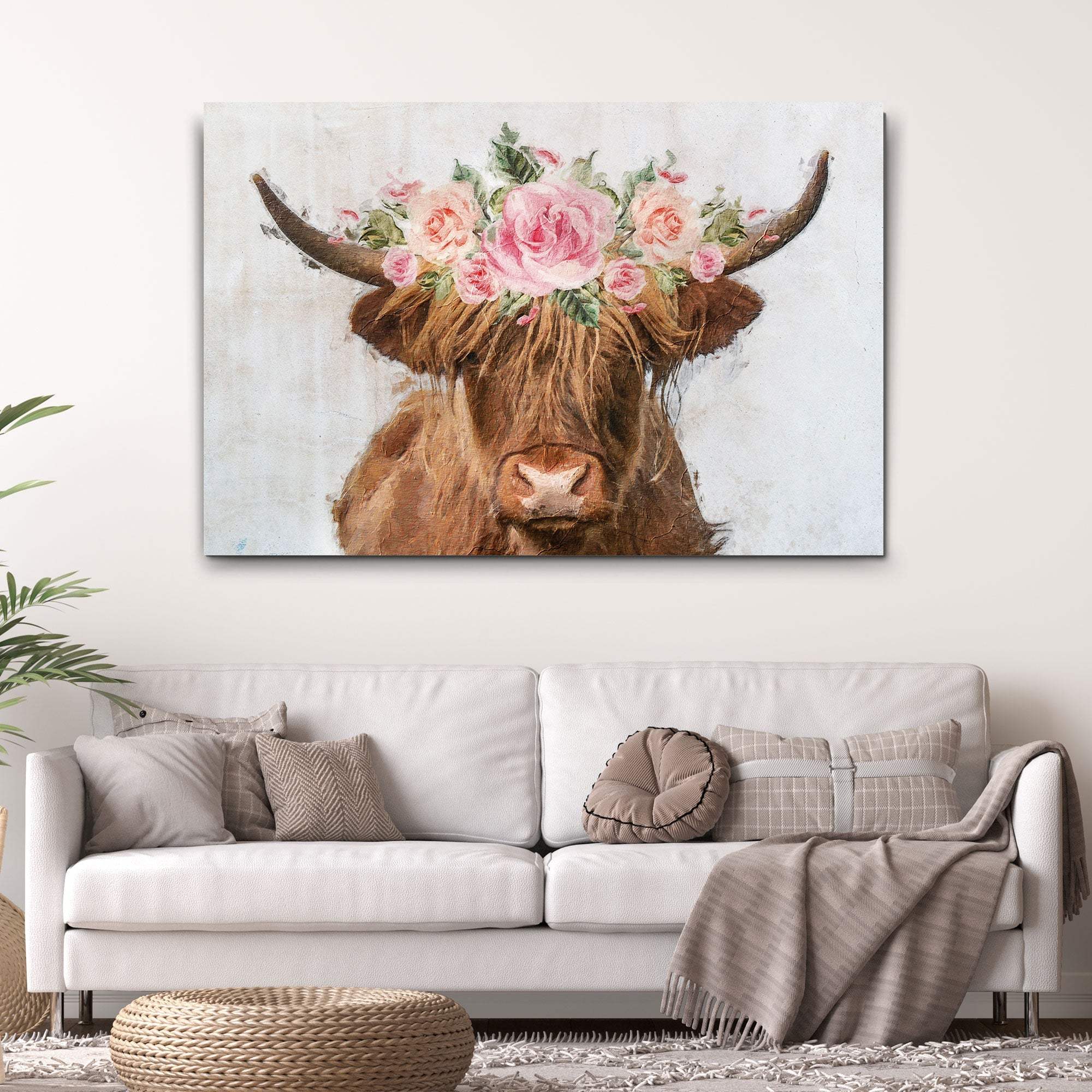 Highland Cow Floral Wreath Painting Canvas Wall Art - Tailored Canvases - Flyclothing LLC