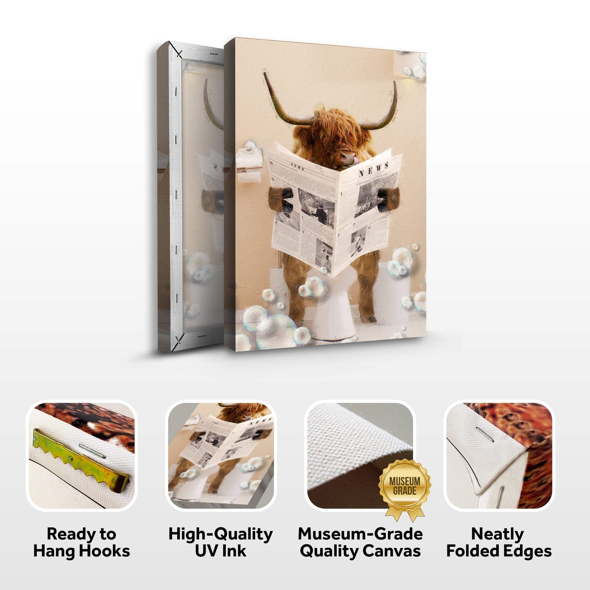 Highland Cow Reading Newspaper Wall Art Canvas - Tailored Canvases - Flyclothing LLC