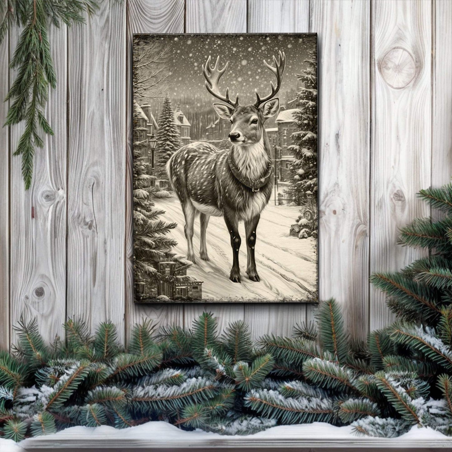 Vintage Winter Deer Christmas Wall Art II - Tailored Canvases - Flyclothing LLC