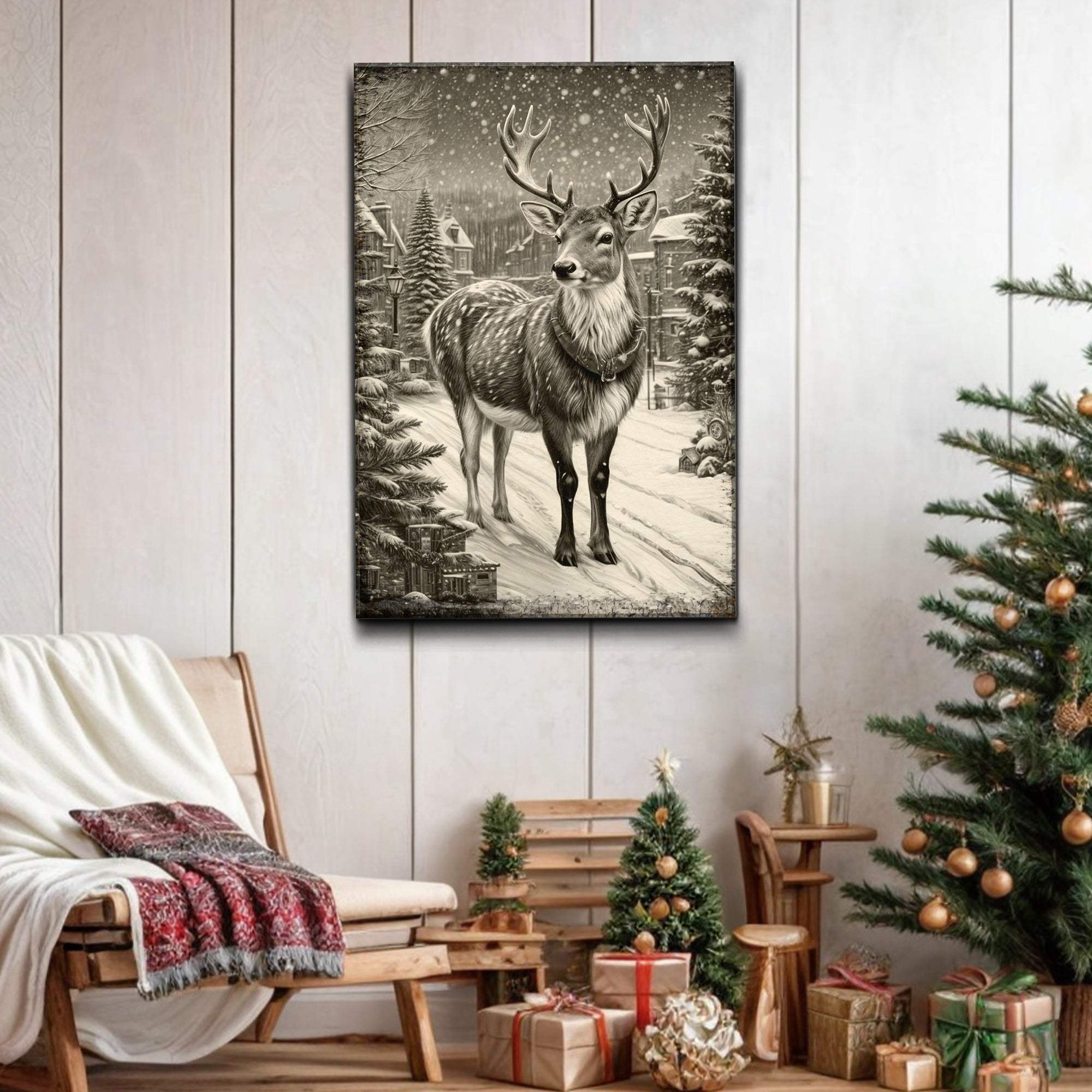 Vintage Winter Deer Christmas Wall Art II - Tailored Canvases - Flyclothing LLC