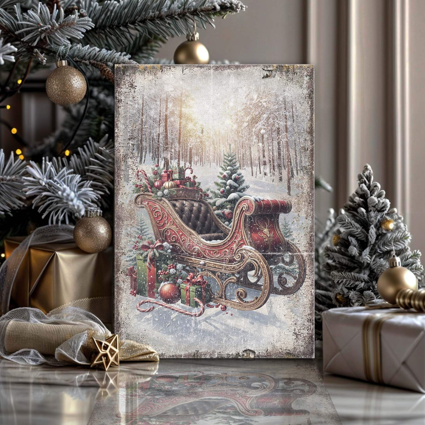 Vintage Christmas Sleigh Sled Wall Art - Tailored Canvases - Flyclothing LLC