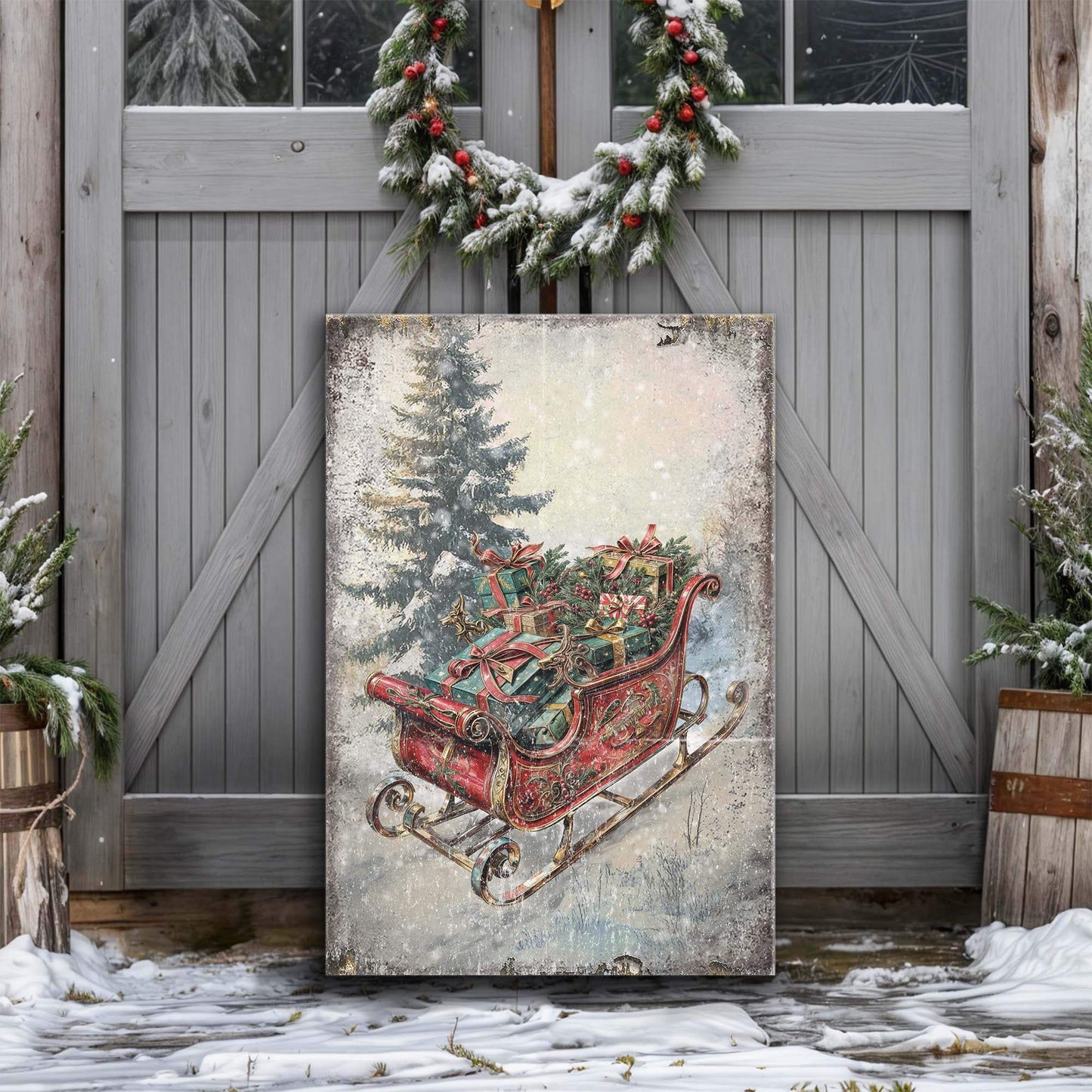 Vintage Christmas Sleigh Sled Wall Art II - Tailored Canvases - Flyclothing LLC