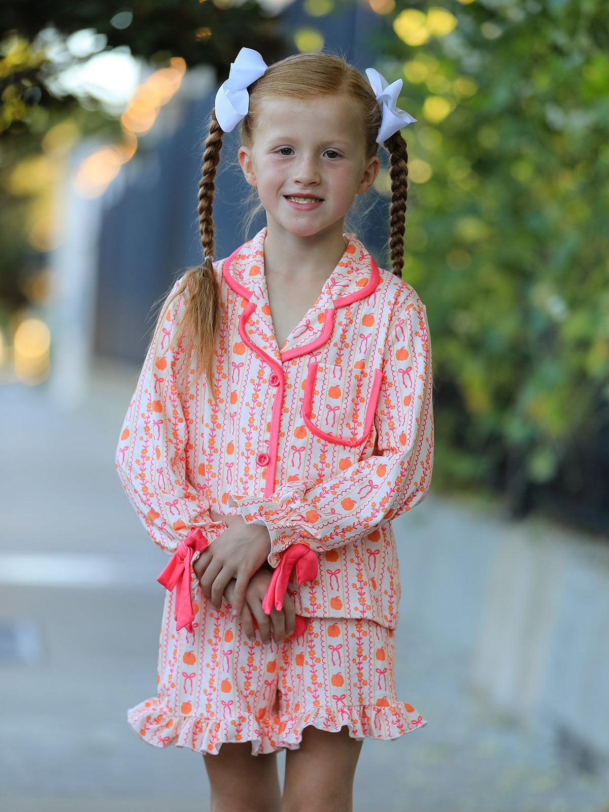 Halloween Thanksgiving Pumpkin Bow Girls Pajama Set - Rylee Faith Designs - Flyclothing LLC
