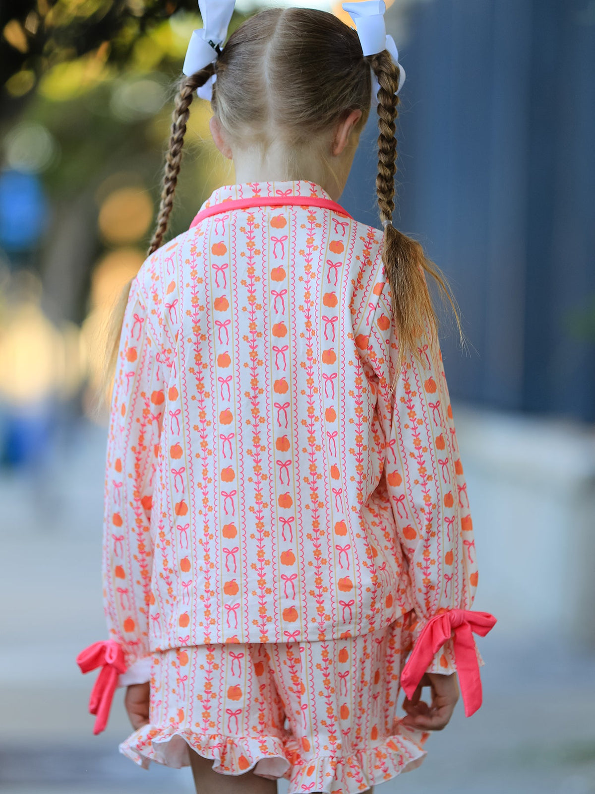 Halloween Thanksgiving Pumpkin Bow Girls Pajama Set - Rylee Faith Designs - Flyclothing LLC
