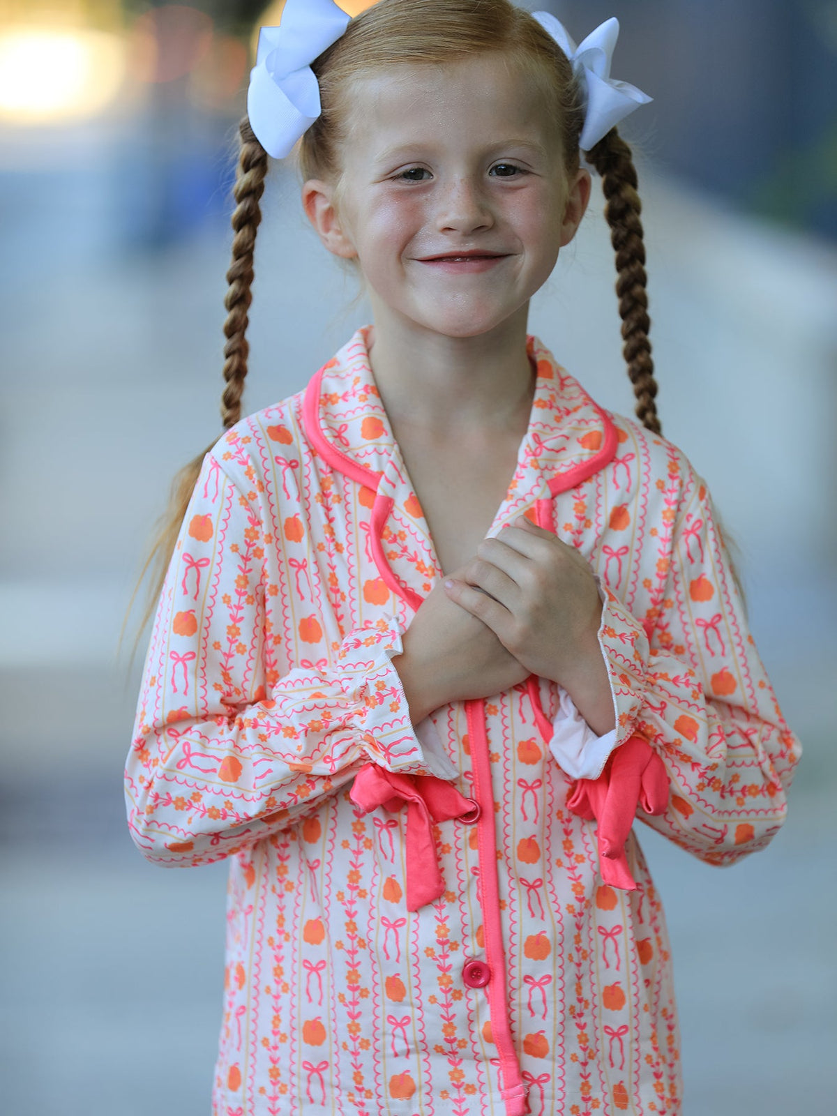 Halloween Thanksgiving Pumpkin Bow Girls Pajama Set - Rylee Faith Designs - Flyclothing LLC