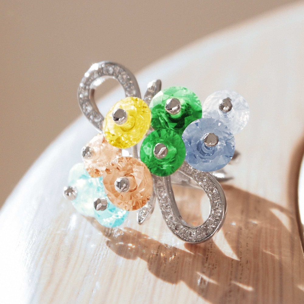 Alishba Cocktail Ring - Rhodium Brass, AAA CZ , Multi Color - 6X029 - Alamode