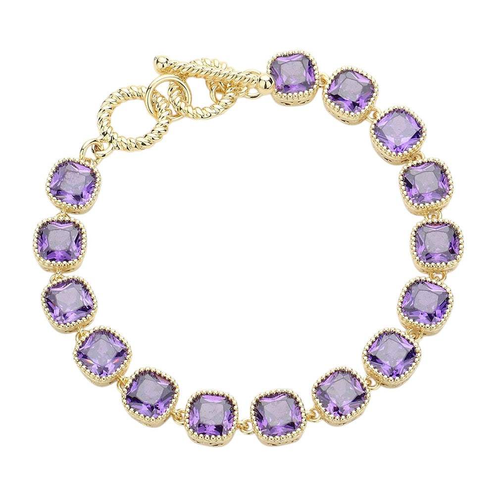 14K Gold Plated Square CZ Stone Link Evening Toggle Bracelet - Madeline Love - Flyclothing LLC
