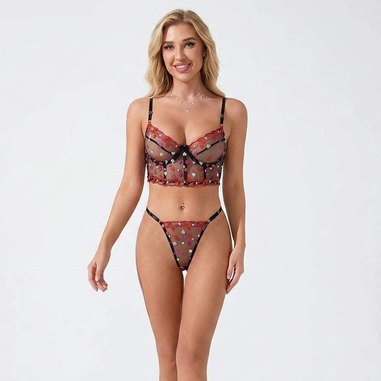 Amora Sheer Heart Embroidered 2 Piece Lingerie Set - Lingerie By Coco - Flyclothing LLC