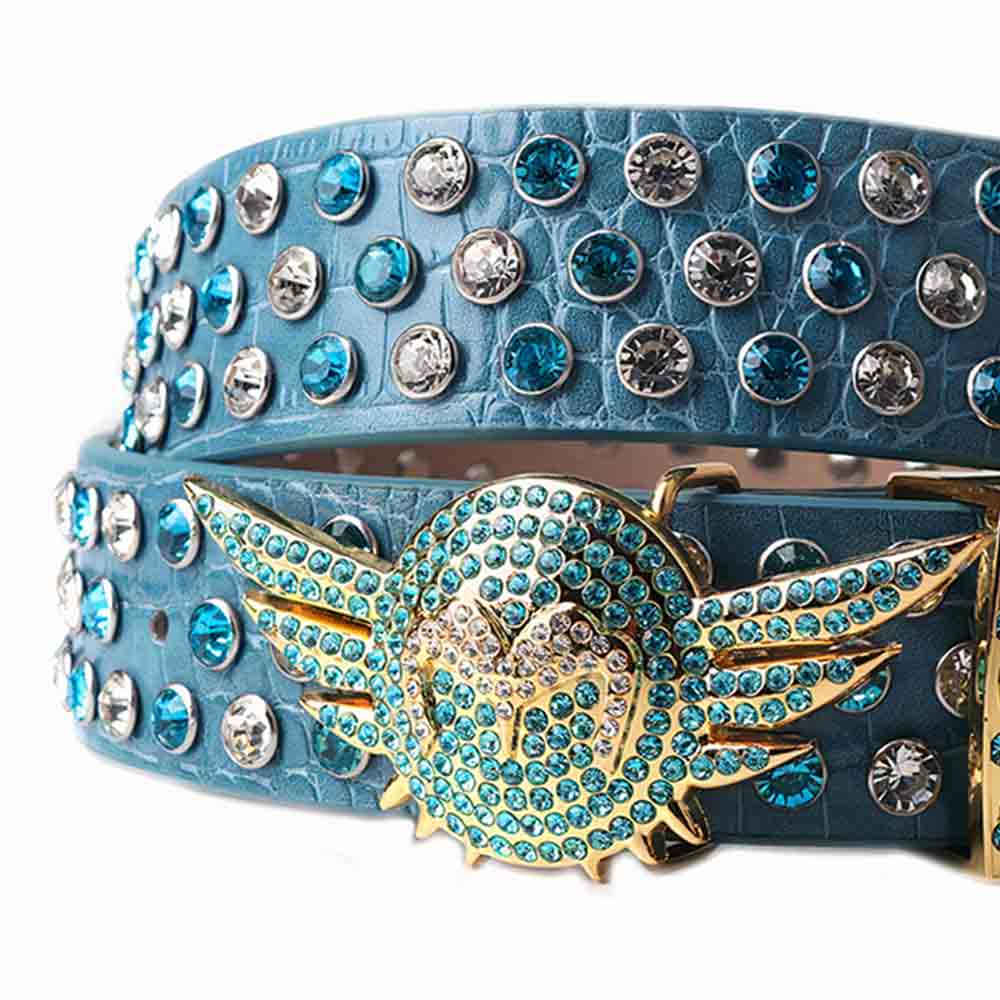 Angel Wings Buckle, Cyan Strap With Cyan & Transparent Studded Rhinestone Belt - Rhinestone Belt Store - Flyclothing LLC