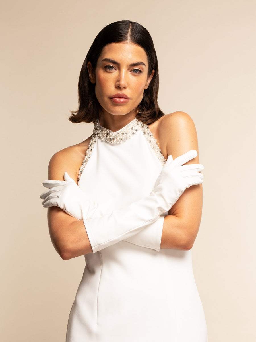 Angelina (white) - Italian silk lined 8-button length leather bridal / opera gloves - Leather Gloves Online - Flyclothing LLC