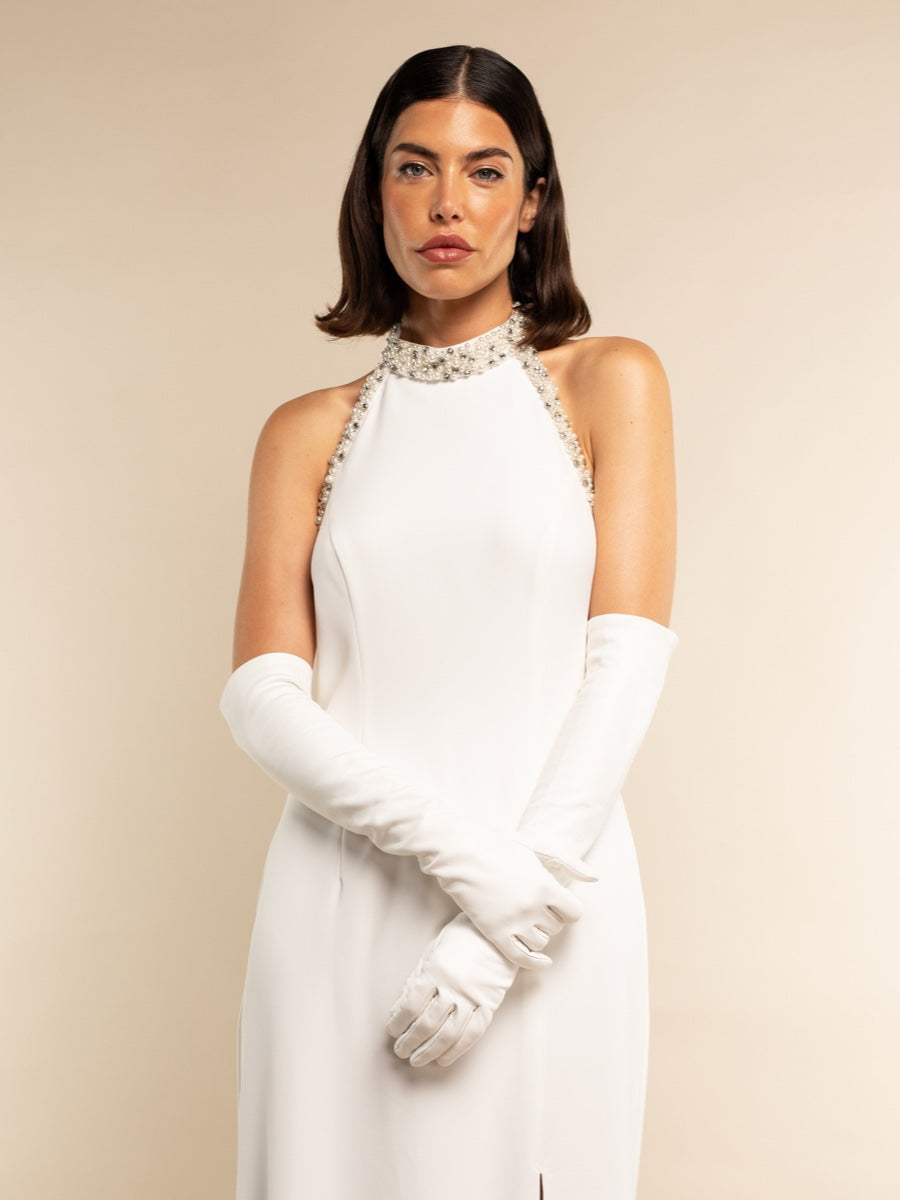 Angelina (white) - Italian silk lined 12-button length leather bridal / opera gloves - Leather Gloves Online - Flyclothing LLC