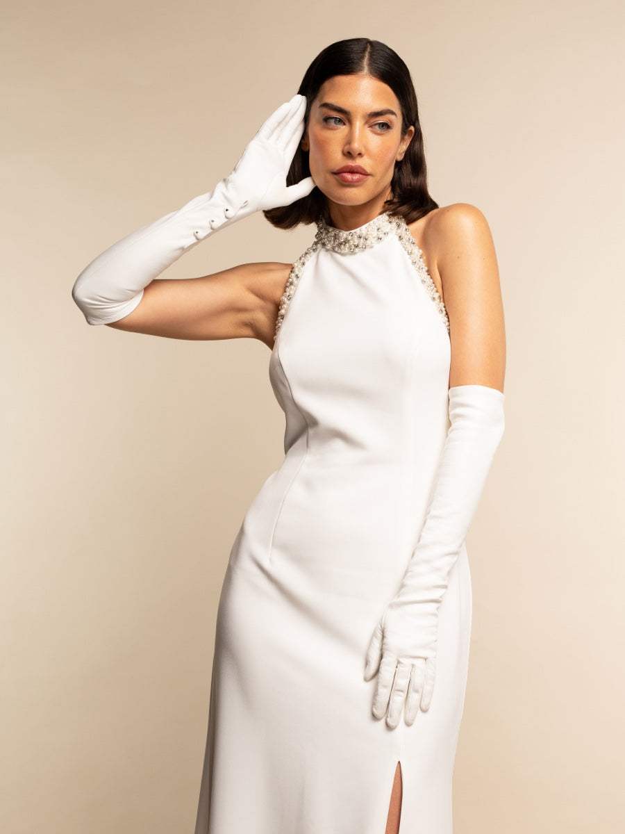Angelina (white) - Italian silk lined 12-button length leather bridal / opera gloves - Leather Gloves Online - Flyclothing LLC