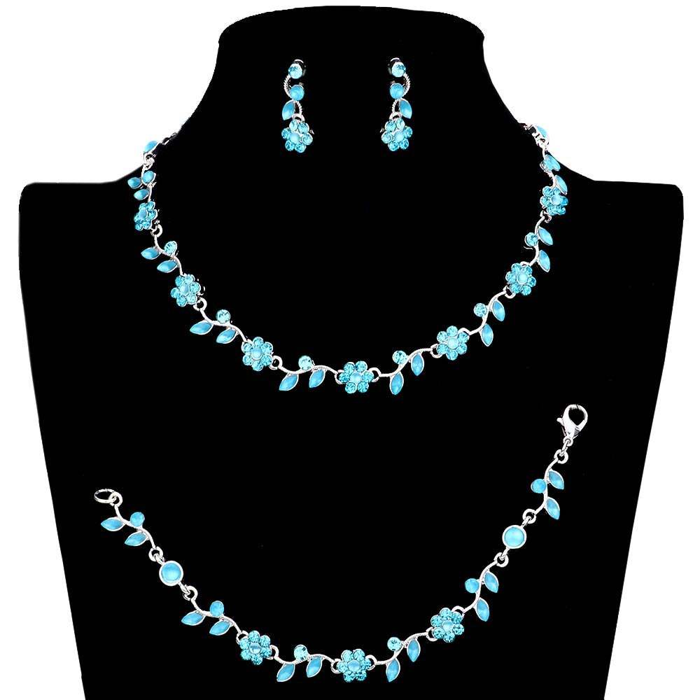 3PCS Flower Leaf Cluster Rhinestone Necklace Jewelry Set - Madeline Love - Flyclothing LLC