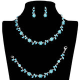3PCS Flower Leaf Cluster Rhinestone Necklace Jewelry Set - Madeline Love - Flyclothing LLC