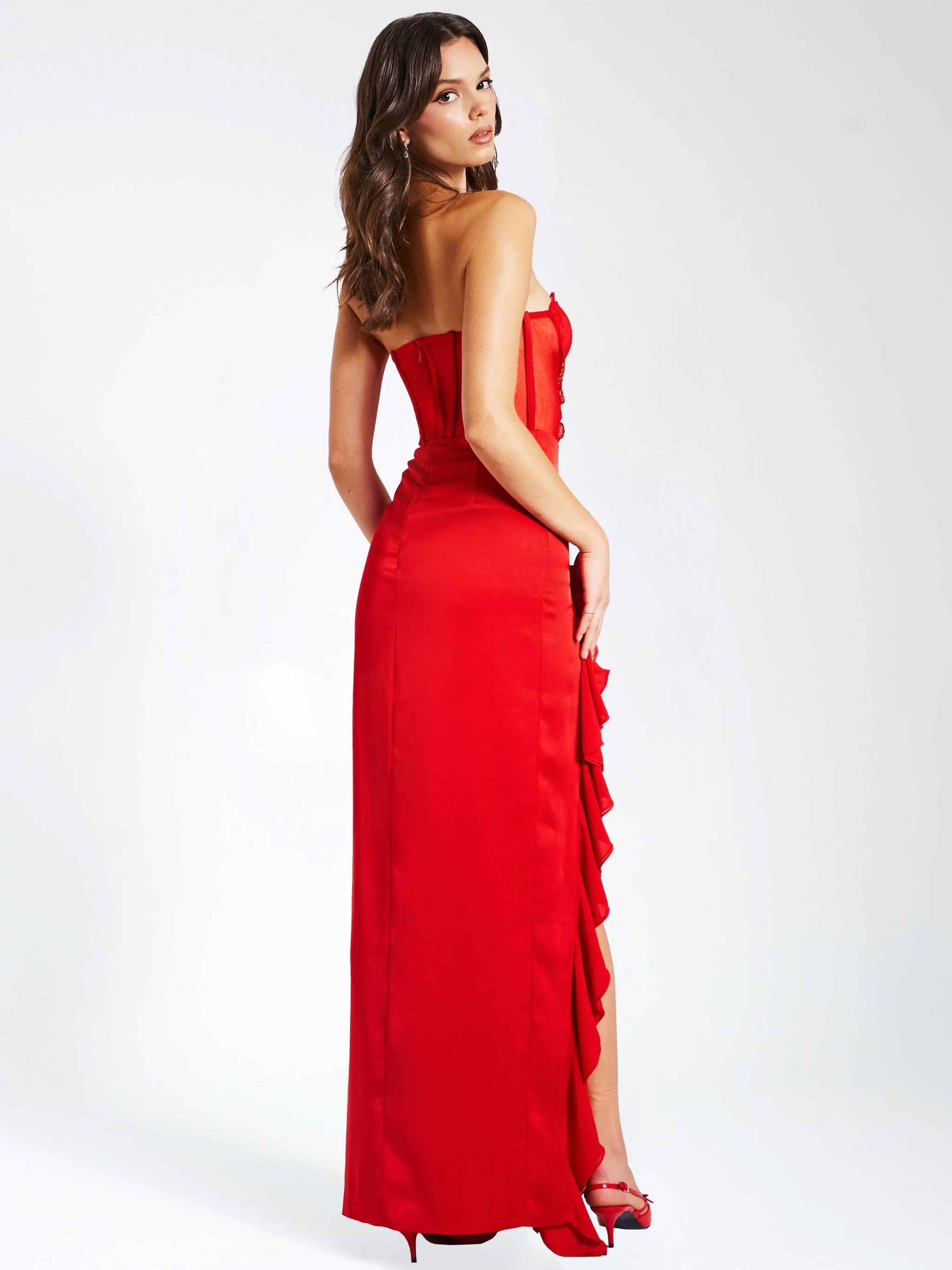 Talia Red Satin Lace Corset Maxi Dress - Miss Circle - Flyclothing LLC