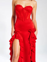 Talia Red Satin Lace Corset Maxi Dress - Miss Circle - Flyclothing LLC