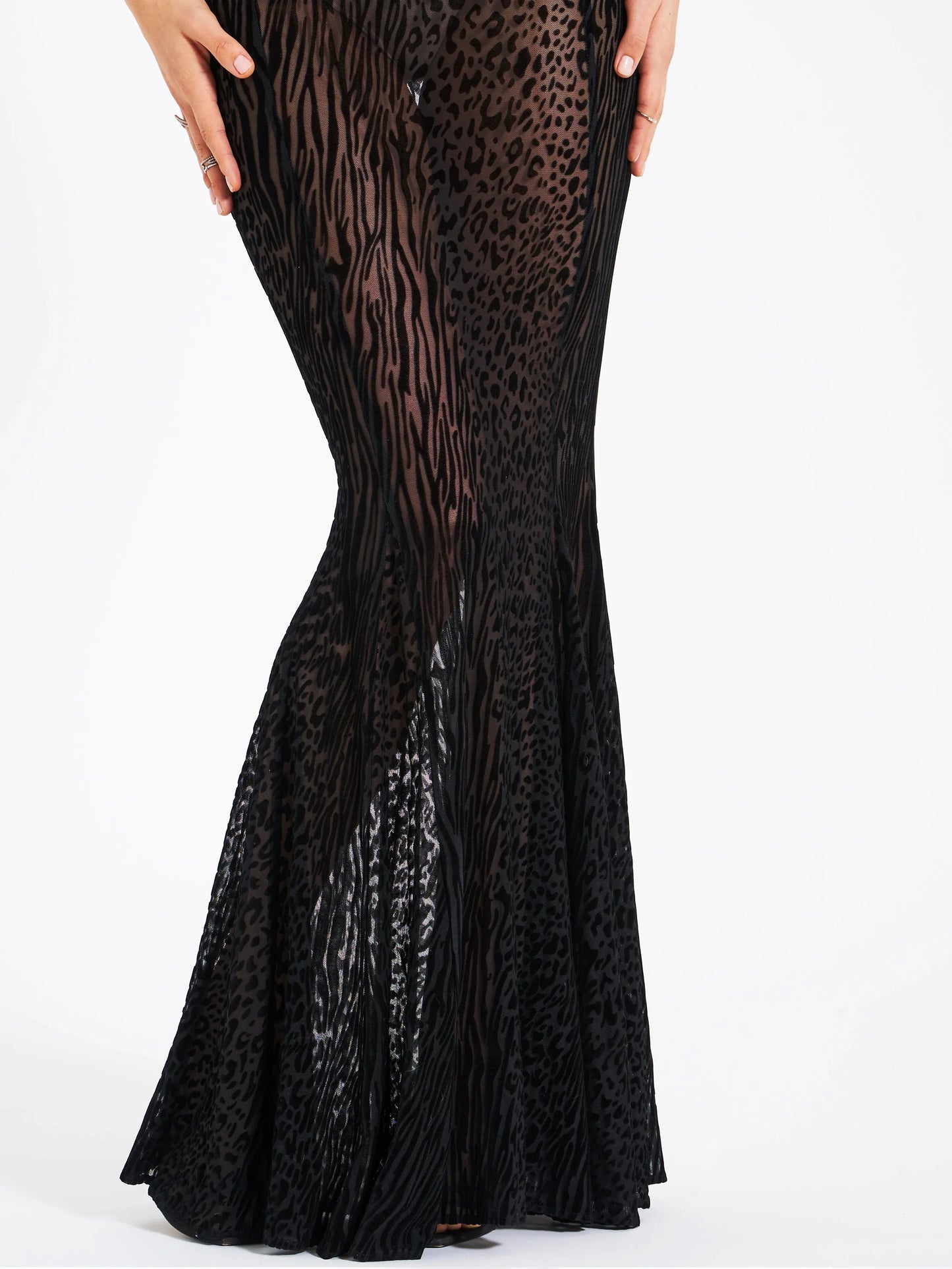 Ulani Black Burnout Velvet Detail Mesh Maxi Dress - Miss Circle - Flyclothing LLC