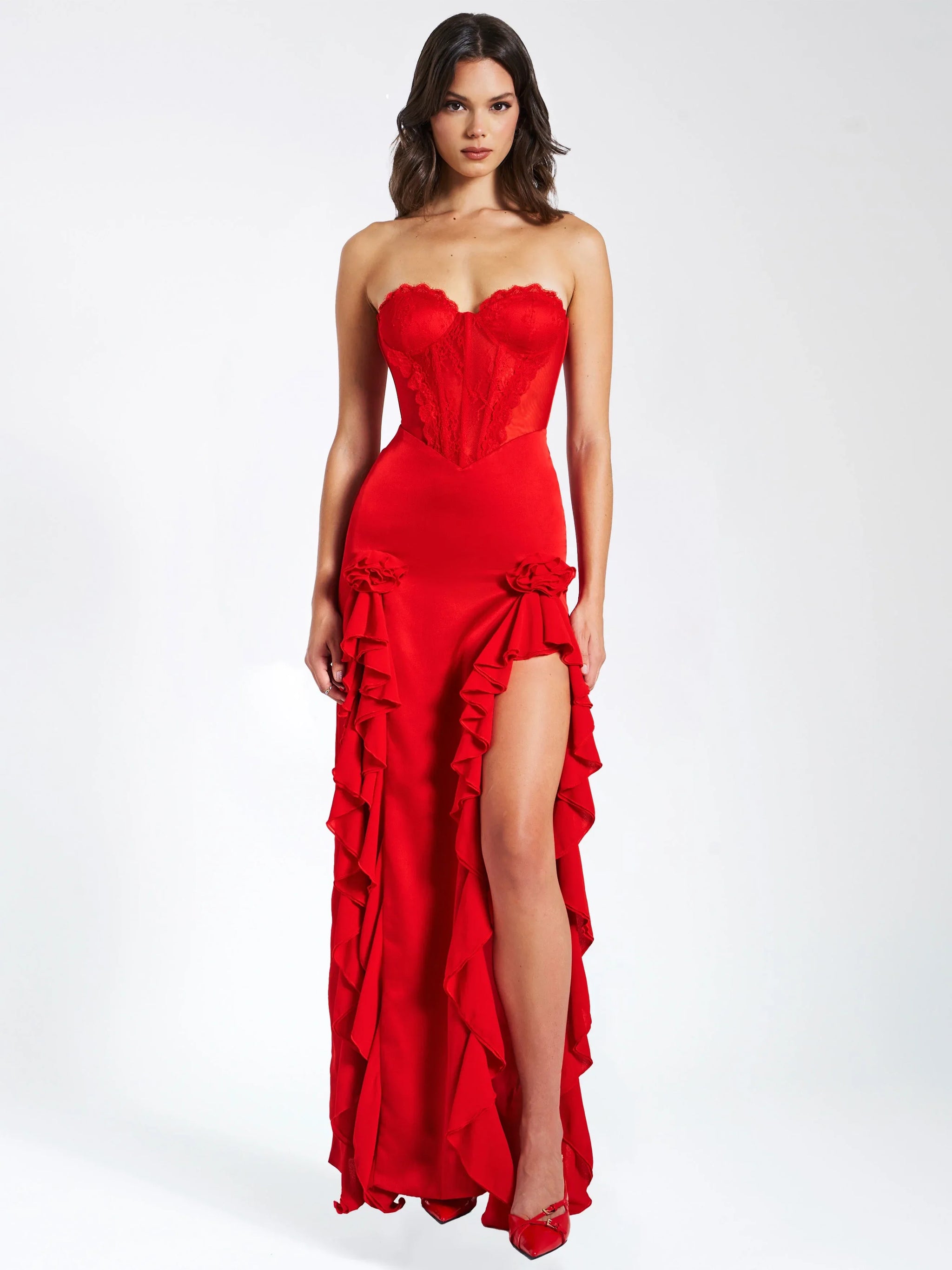 Talia Red Satin Lace Corset Maxi Dress - Miss Circle - Flyclothing LLC