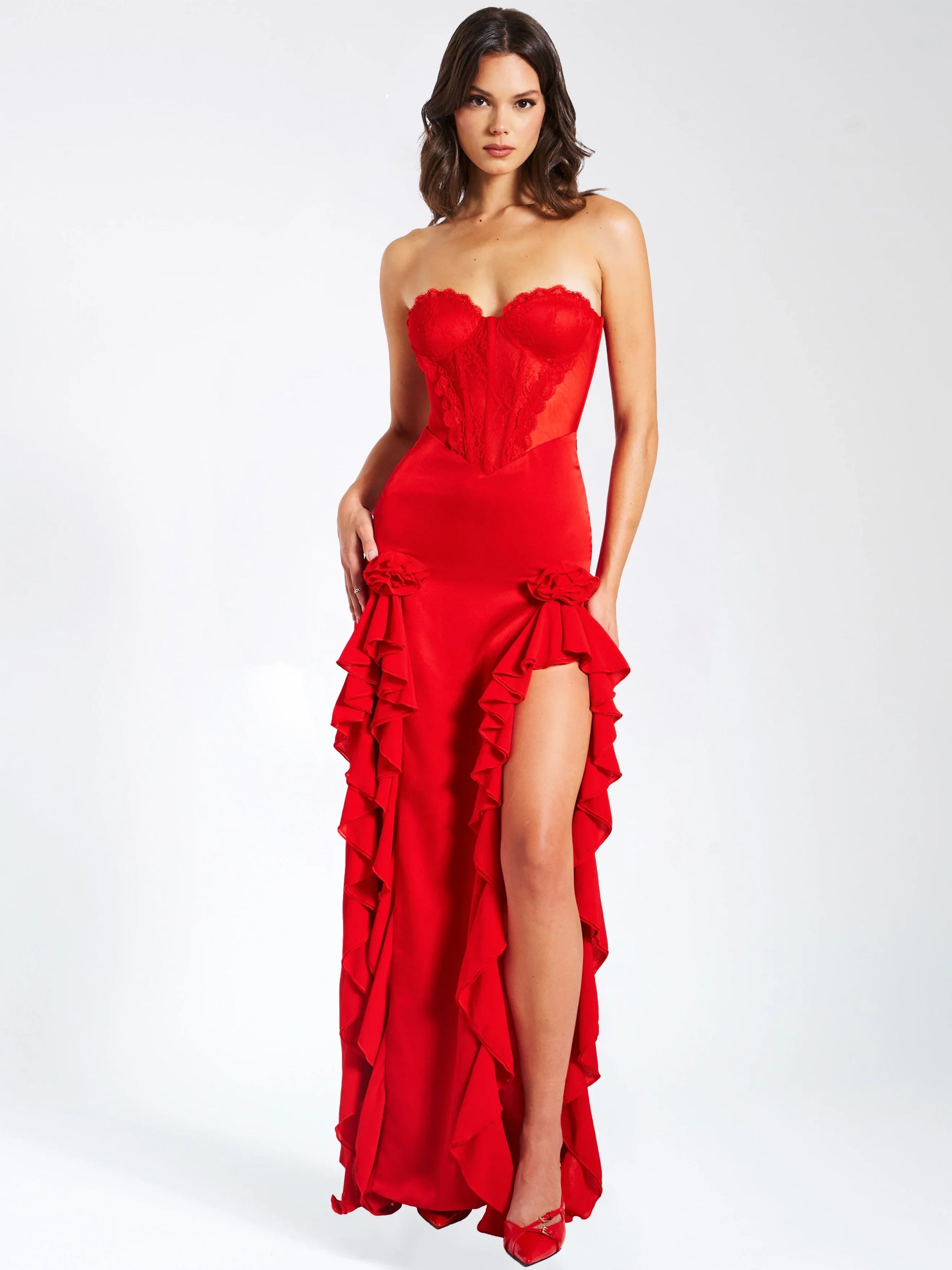 Talia Red Satin Lace Corset Maxi Dress - Miss Circle - Flyclothing LLC